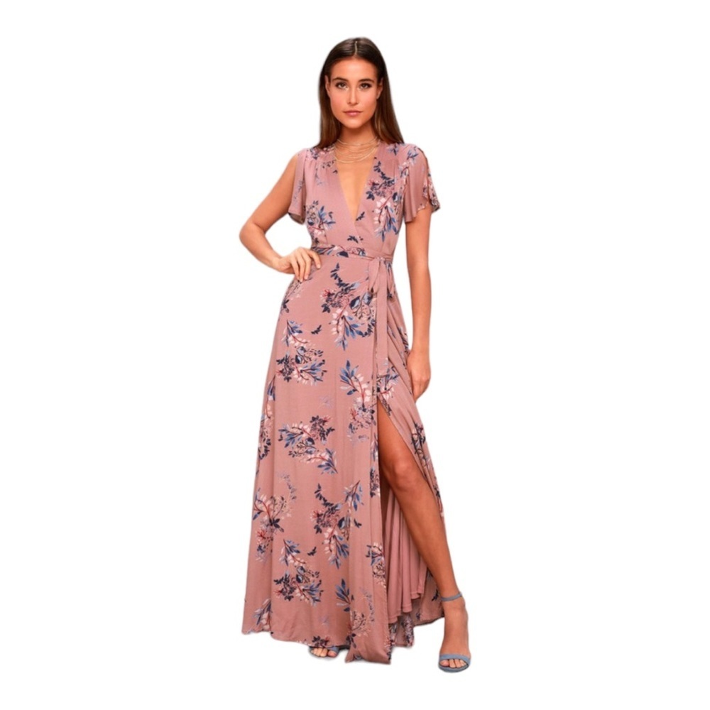 - Lulus Fiorire Rusty Rose Floral Print Wrap Maxi Dress size XS